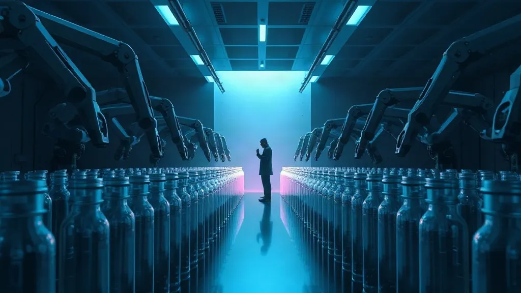 Robotic lab arms filling many vials at speed while a lone scientist inspects a single vial under a spotlight in the distance.