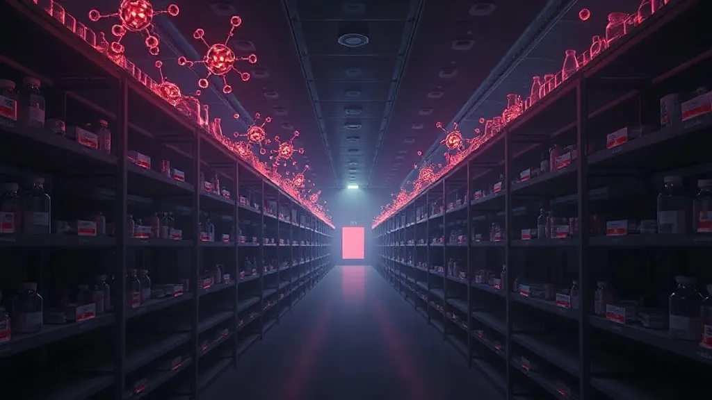 Glowing molecular structures float above empty laboratory shelves, symbolizing abundant AI-driven discovery without regulatory proof.