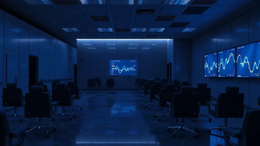 An empty clinical trial room lit in blue with abstract projected data lines on the wall.