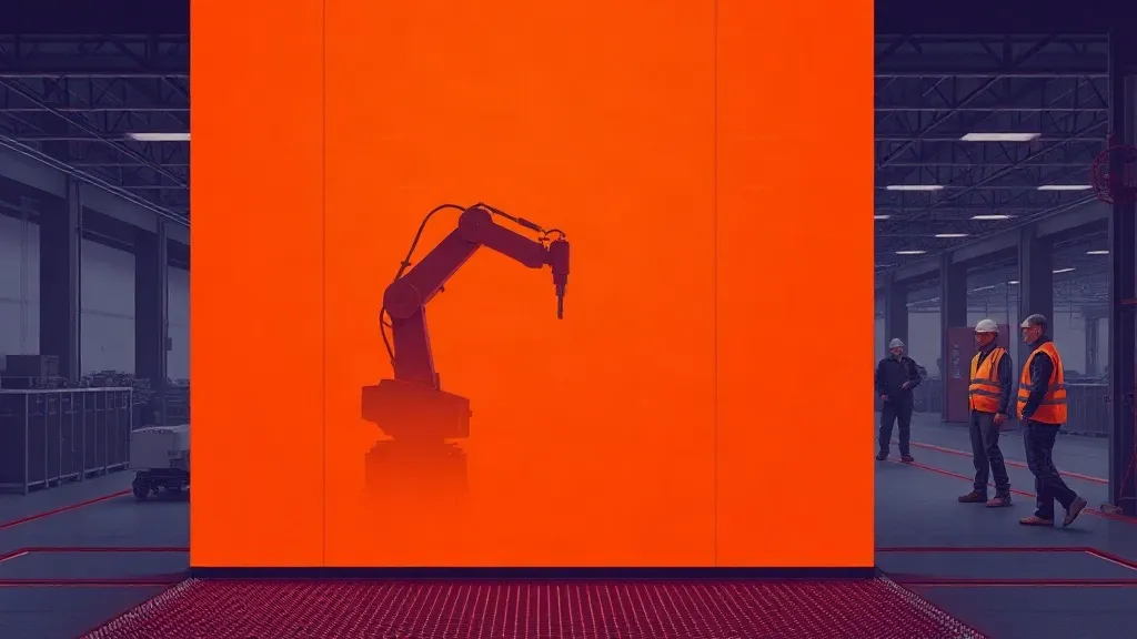 A factory robotic arm halted behind a safety light curtain while workers observe from a distance.