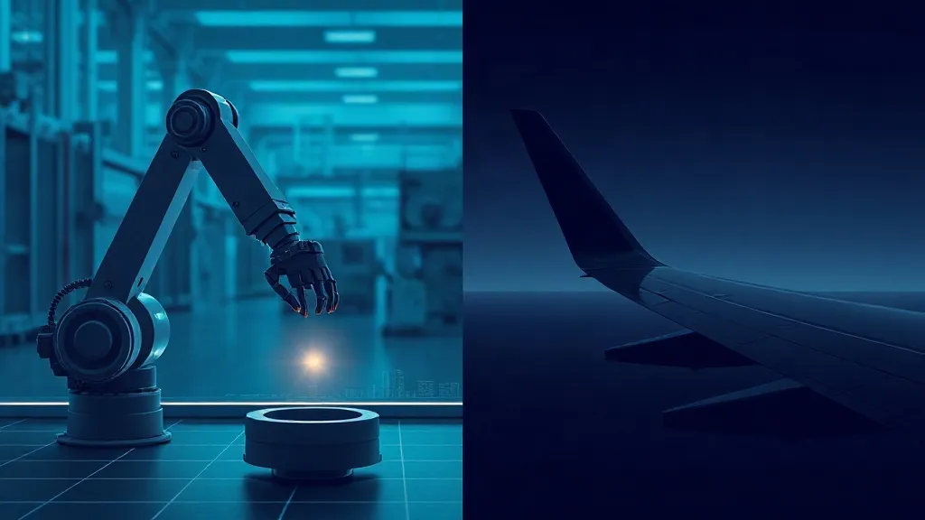 A factory robotic arm overlaid with abstract data light trails beside an aircraft wing silhouette against a clean horizon, representing two different certification approaches to AI.