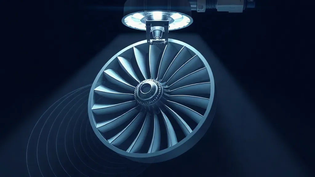 A robotic arm inspects an aerospace turbine blade under a projected measurement grid, symbolizing AI-driven quality inspection.