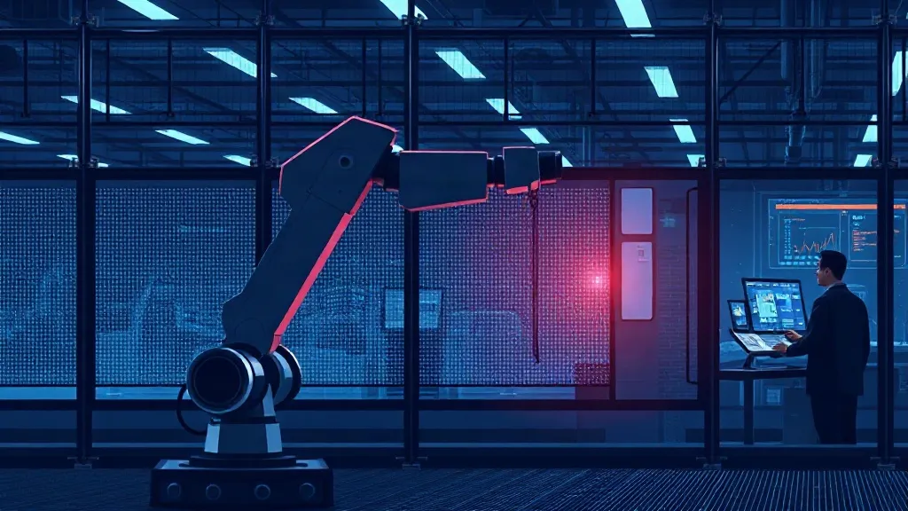 A robotic arm pauses beside a safety light curtain on a factory floor as a worker observes from a control booth.