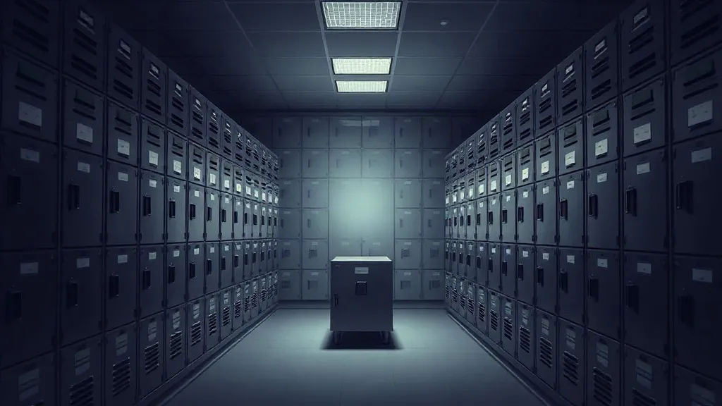 Rows of locked filing cabinets in a dim archive with one empty drawer lit by a single shaft of light, symbolizing unverifiable governance records.