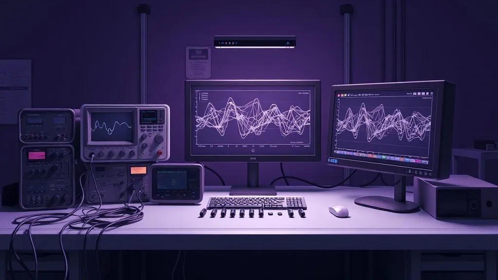 An aerospace test bench with instrumentation screens, one displaying an AI-augmented data trace alongside conventional waveforms.