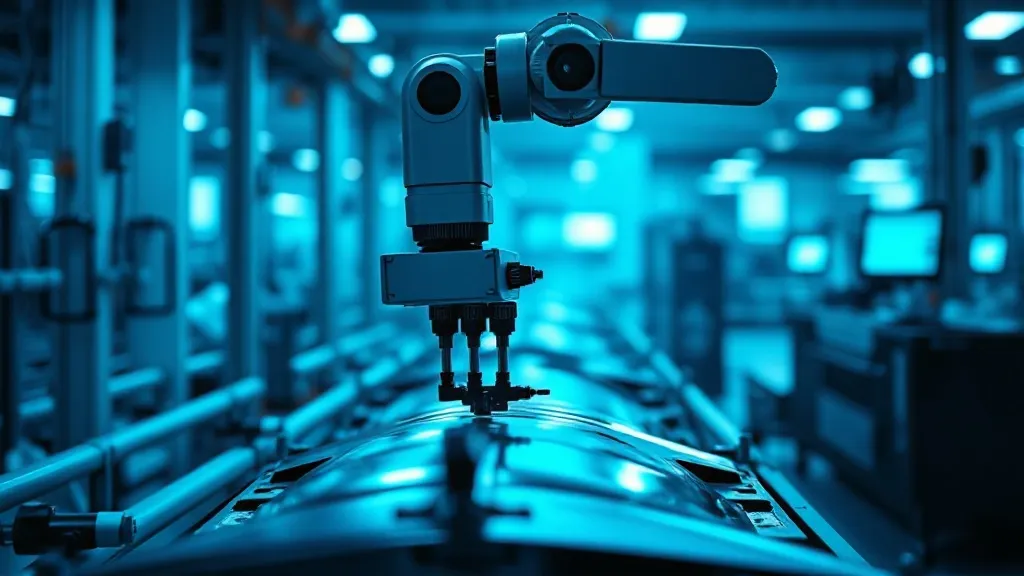 A robotic X-ray inspection arm examining an aerospace component on a production line under blue industrial lighting.