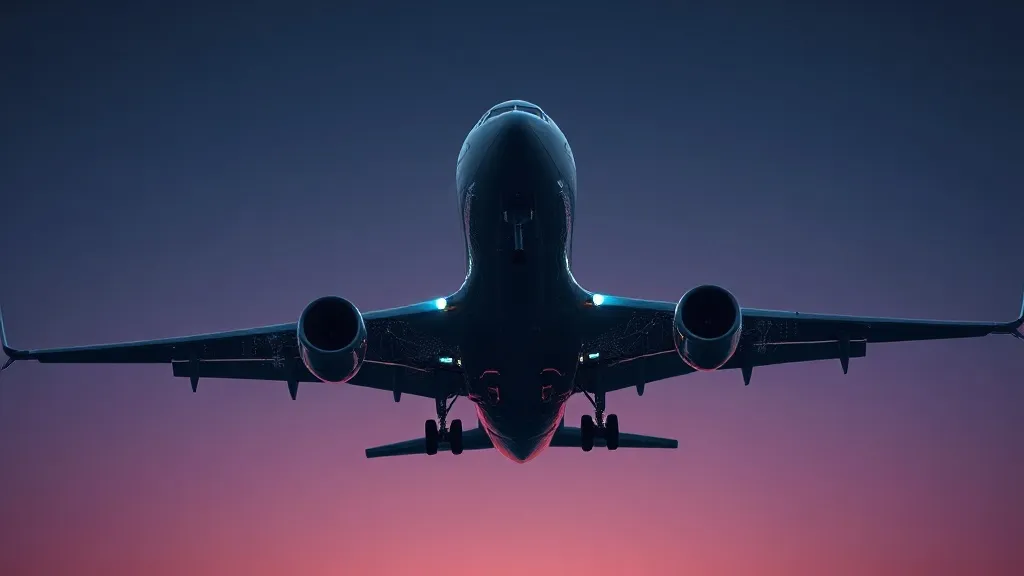A commercial airliner on approach at dusk with an overlay of abstract data-mesh light patterns across its fuselage.