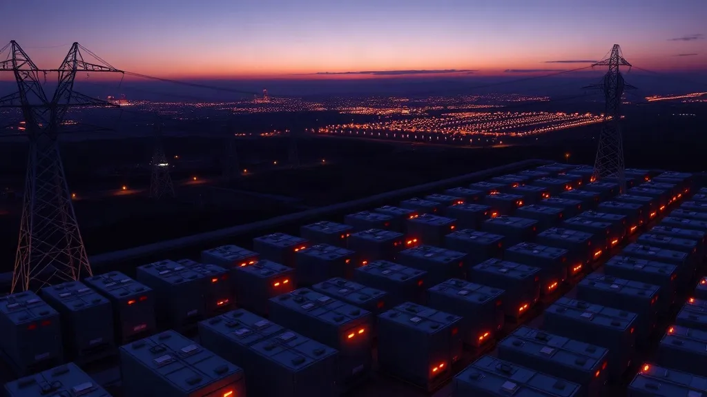 Battery storage arrays and transmission towers at dusk with a distant data center on the horizon.
