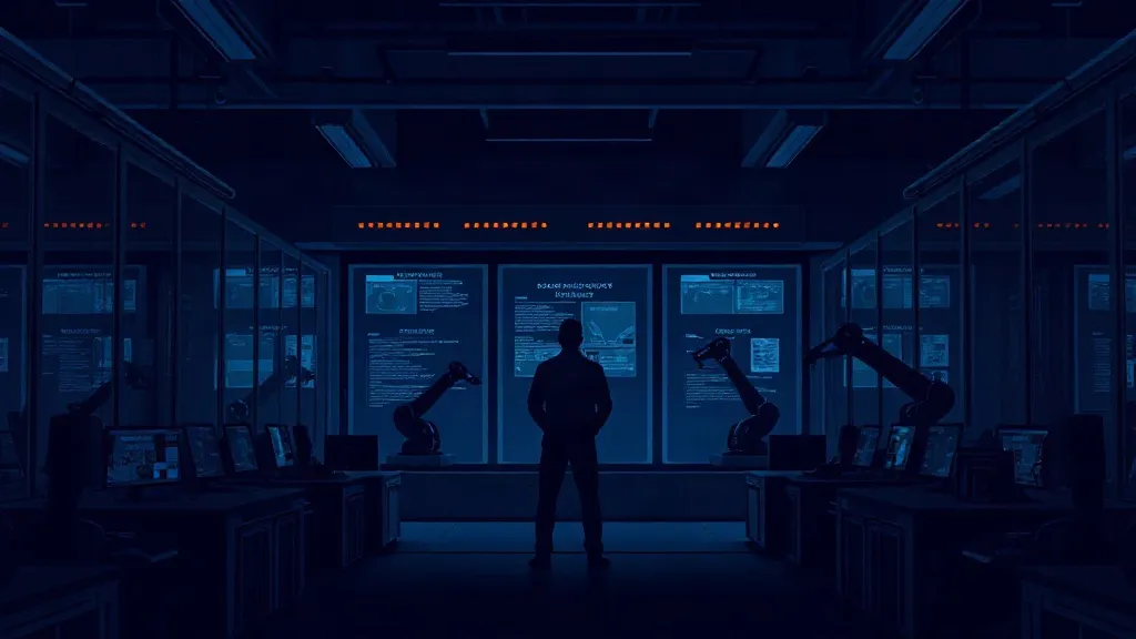Silhouette of an engineer standing before glowing industrial equipment and robotic arms in a dark factory control room.