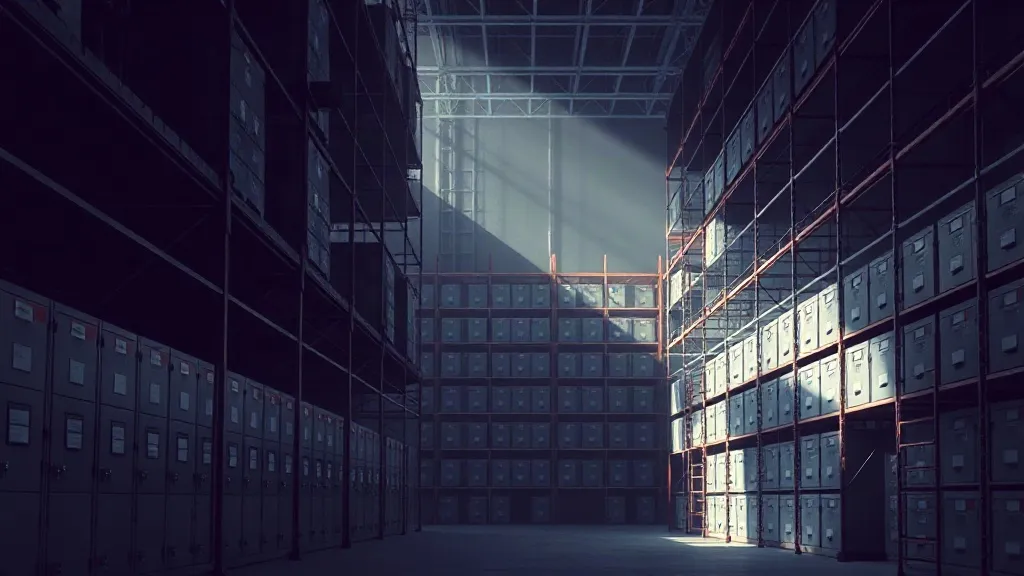 A half-built institutional archive of steel shelving and scaffolding lit by a single shaft of light, symbolizing regulatory infrastructure under construction.