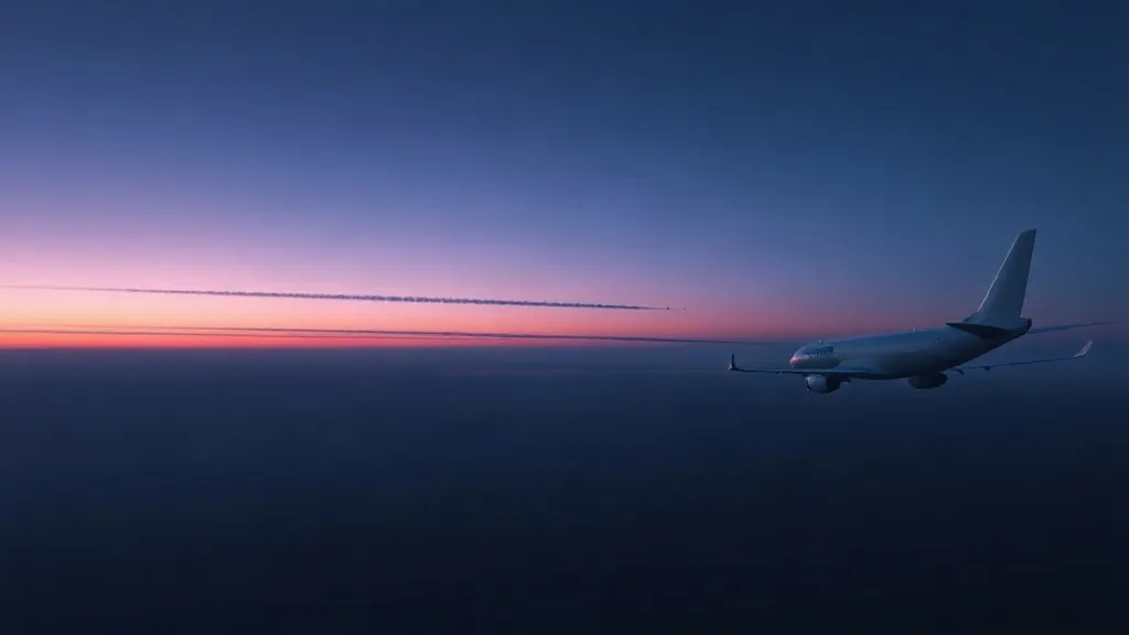 Aircraft contrails crossing a dawn sky over open ocean, one trail visibly altered from the rest.