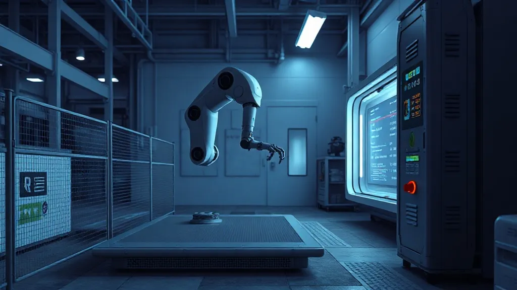 A robotic arm frozen mid-adjustment on a factory floor between a safety barrier and open machinery.