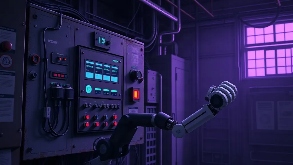 An aging industrial control panel beside a robotic arm in a dim factory, symbolizing the handoff from retiring engineers to AI-driven controllers