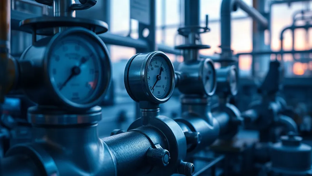 Industrial biogas upgrading pipework and gauges lit by cool control-room light at dusk.