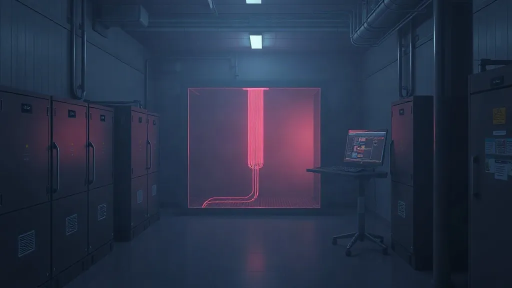 An industrial control room shows a glowing data conduit passing through a glass partition toward an isolated terminal, symbolizing restricted AI access to operational technology.