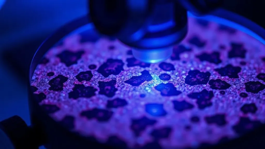 A microscope slide under blue scanning light with overlapping digital grid patterns, symbolizing AI analysis layered onto traditional pathology.