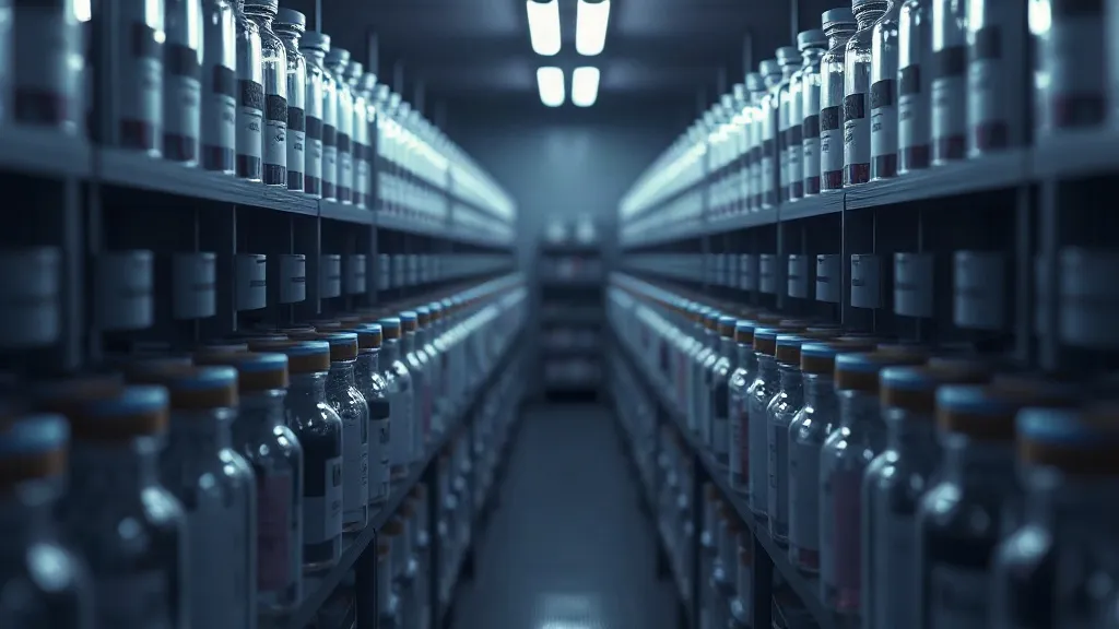 Rows of glass vials fading from sharp focus into blur under a single overhead light, evoking uneven scrutiny across a safety monitoring system.