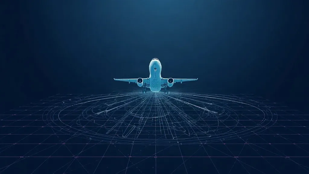 Abstract illustration of satellite navigation signals converging on an aircraft above a cracked signal grid.