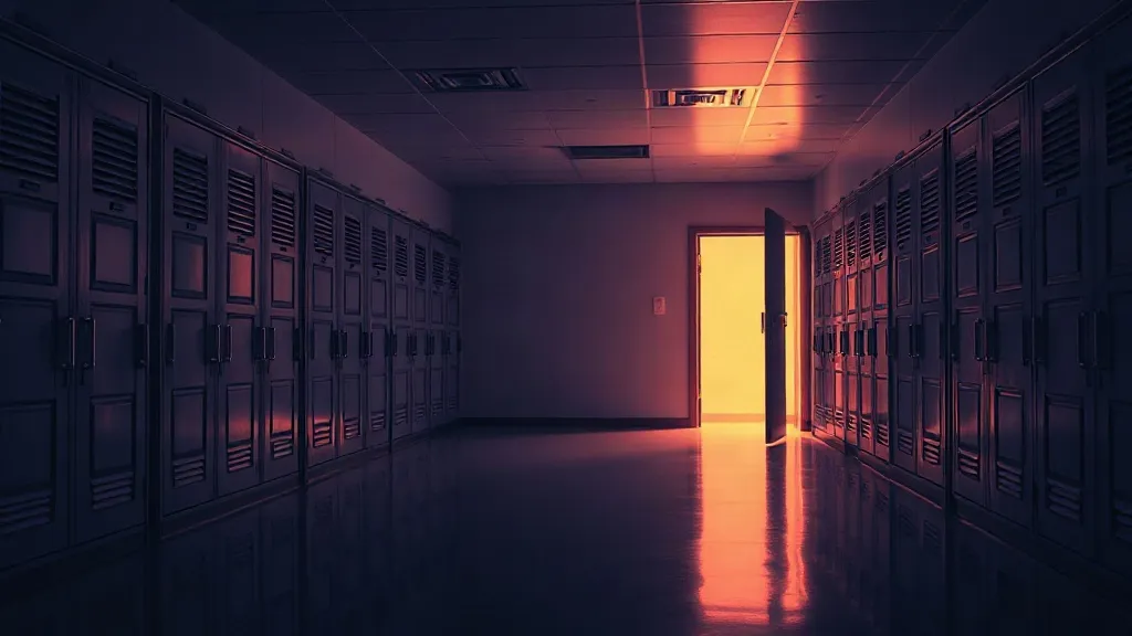 A dim school hallway with one classroom door ajar, suggesting an unmonitored gap in a uniform system.
