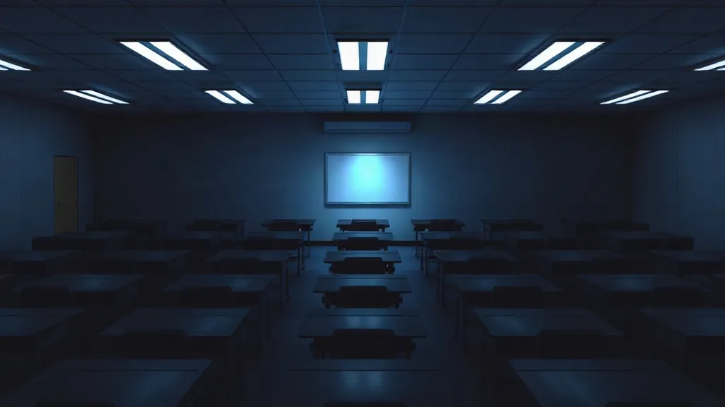 An aerial view of rows of empty classroom desks with only one illuminated by a faint blue glow, symbolizing uneven AI policy adoption across schools.