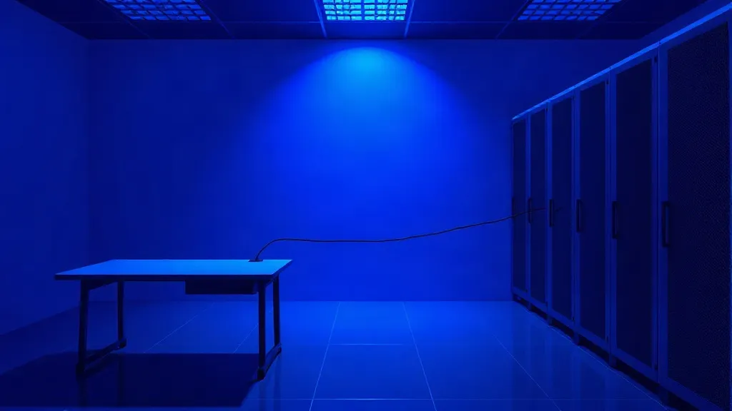 A classroom desk and a data center server rack linked by a single cable across an empty divide, symbolizing the gap between policy and infrastructure.
