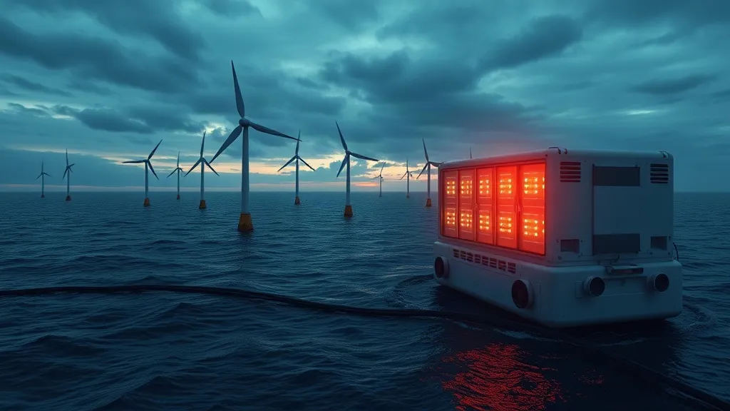 Offshore wind turbines feeding power directly into a modular data center facility, illustrating off-grid AI compute infrastructure.