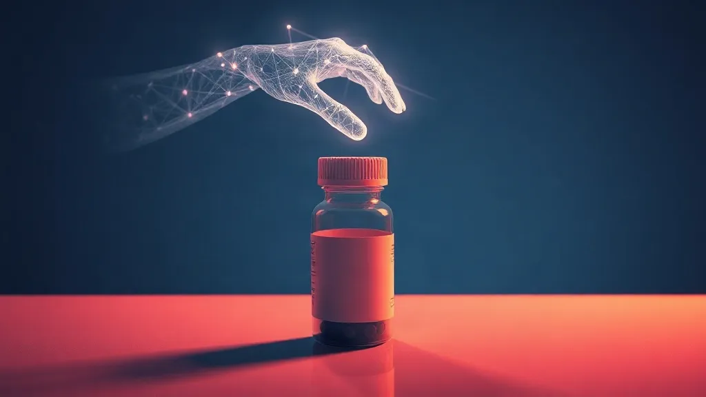A pill bottle beneath an abstract glowing network pattern symbolizing AI reaching into the act of prescribing.