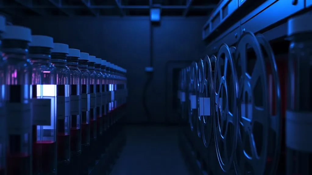 Rows of archived clinical trial samples in cold storage, with one vial illuminated as if being re-examined by new analysis.