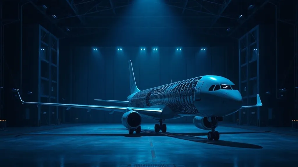 An aircraft fuselage frame in a hangar with layered translucent afterimages receding into darkness, evoking decades of compliance history.