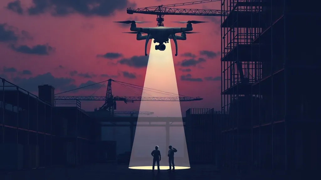 A drone surveys a construction site at dusk, its light beam falling across workers on scaffolding below.