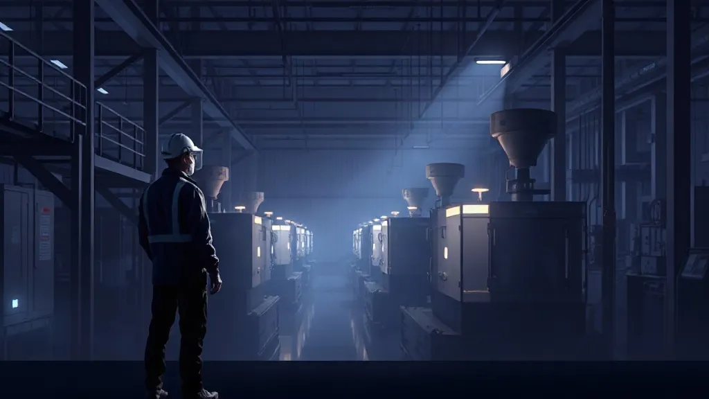 An industrial worker watches automated safety sensors monitor machinery from a distance on a dimly lit factory floor.