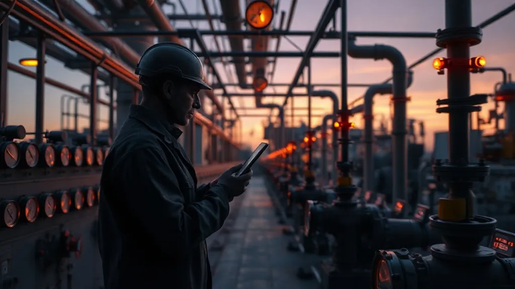 An engineer inspects industrial piping in a dimly lit refinery control area, evoking the human oversight layer behind automated safety systems.