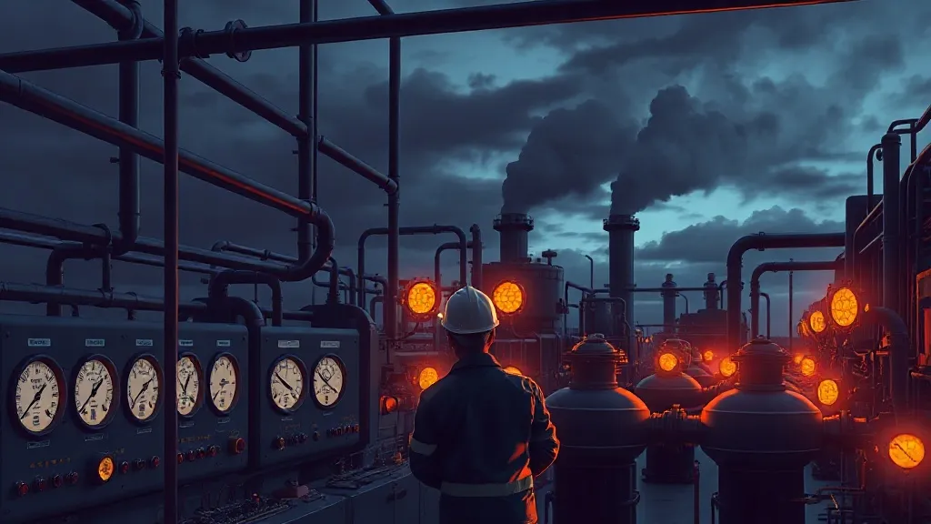 An engineer inspects industrial refinery equipment under dim lighting as steam rises around pipework.