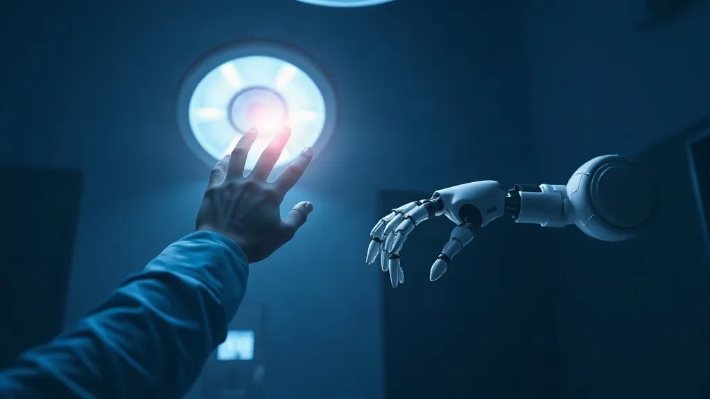 A human hand and a robotic arm converging toward a single point of light in a clinical setting, symbolizing parallel evaluation of clinicians and AI devices.