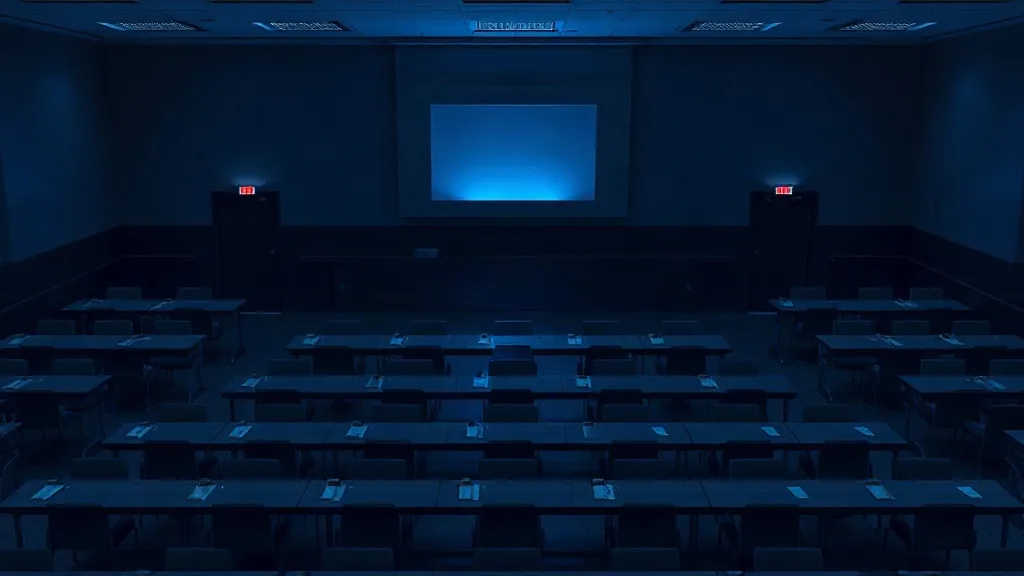 An aerial view of an empty lecture hall with one laptop glowing in the dark, symbolizing unmonitored AI use in classrooms.