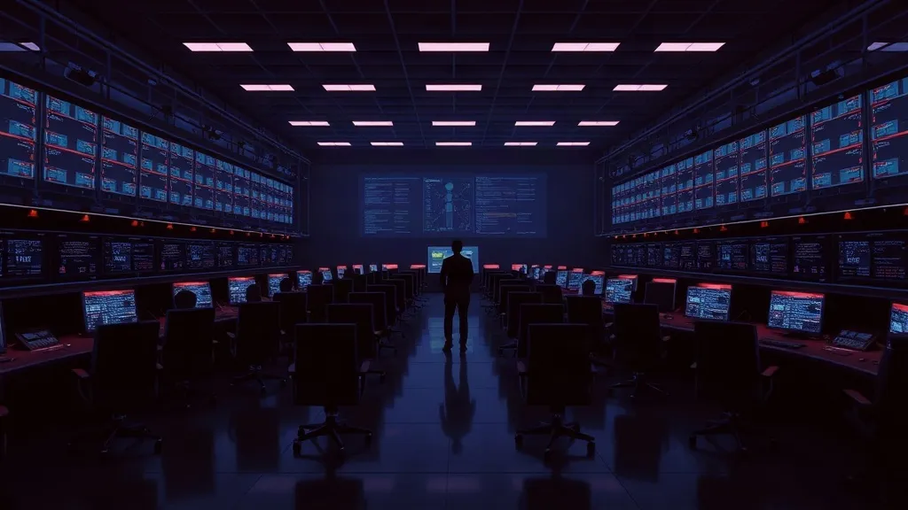 An industrial control room with mostly empty operator stations and one worker standing amid the vacant seats.