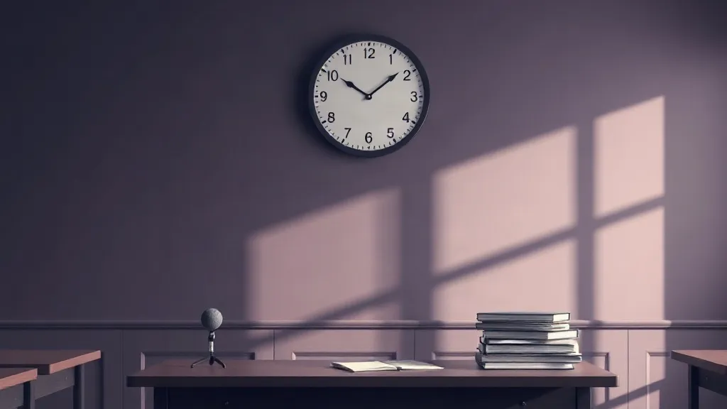 A clock above an empty classroom desk with a small microphone beside a stack of notebooks.