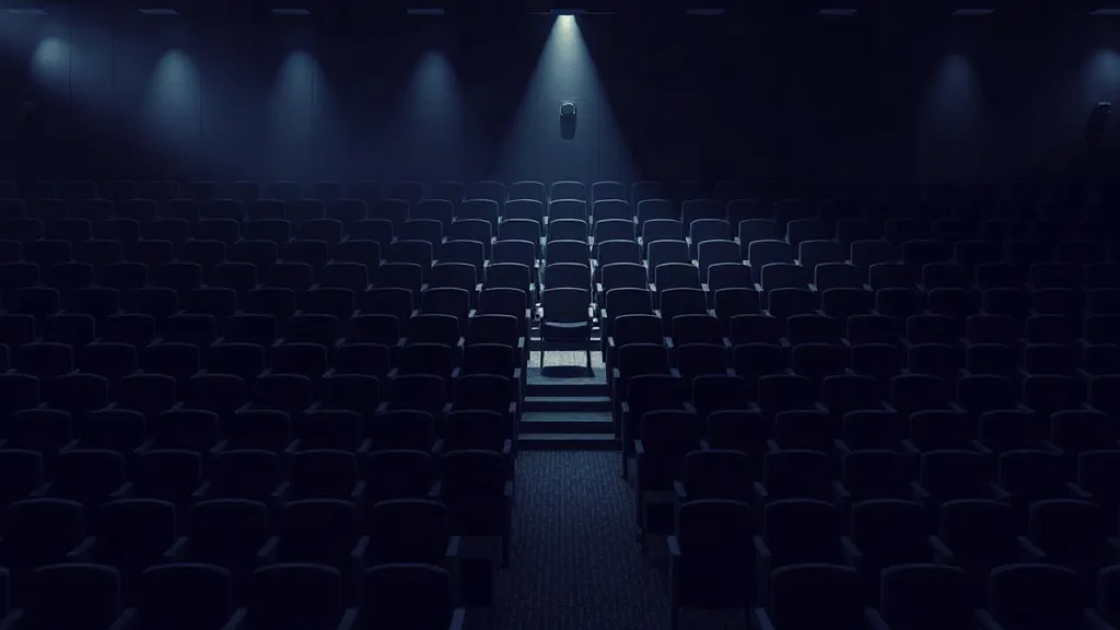 An overhead view of a lecture hall with most seats in shadow and one chair illuminated, symbolizing scale of training against a gap in verified competence.
