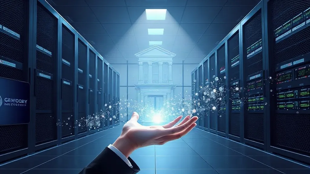 Abstract illustration of student data flowing as light particles from a campus building into a data center, with a hand gesturing to intervene in the flow.