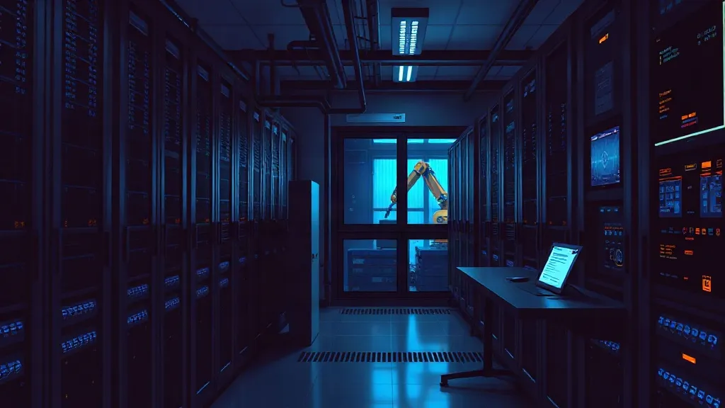 An industrial control room with server racks and a robotic arm visible through a window, symbolizing the gap between AI tooling and infrastructure oversight.