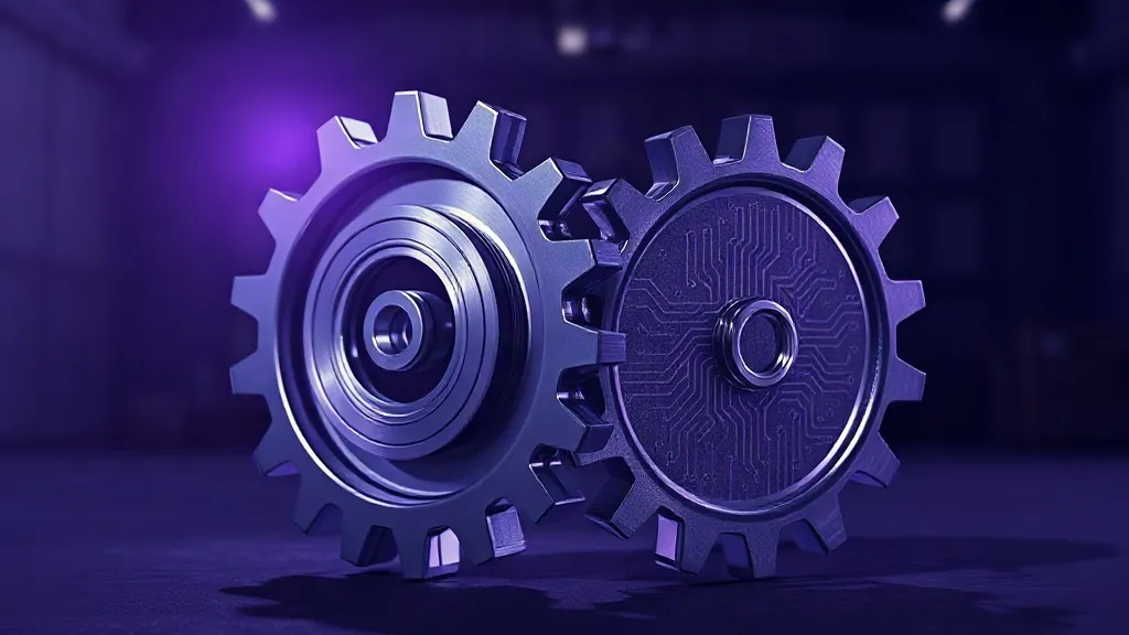 Two mismatched mechanical gears grinding together in an industrial hangar setting, symbolizing colliding compliance regimes.