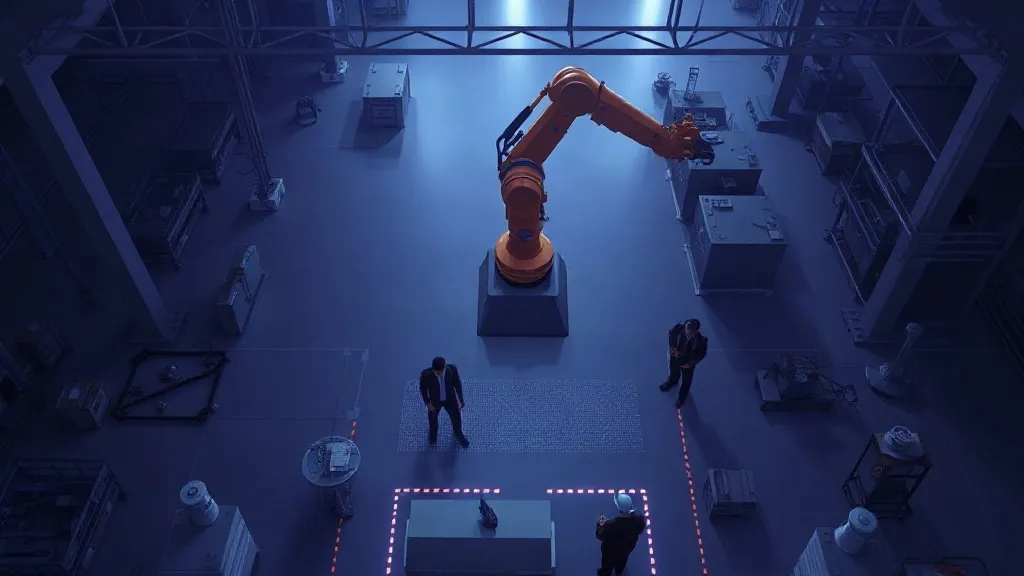 An overhead camera view looking down on workers and a robotic arm on a factory floor, with faint glowing motion trails suggesting real-time monitoring.