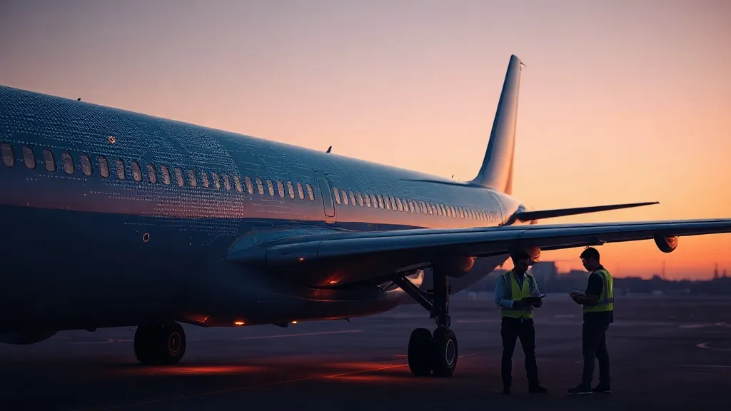 An aircraft wing at dusk overlaid with a faint circuit and neural network pattern, symbolizing AI embedded in airframe systems.