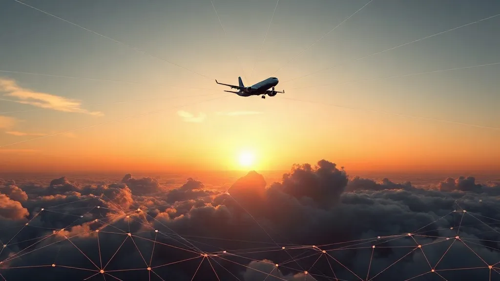 Abstract illustration of flight paths and network lines converging over an aircraft silhouette at dawn, symbolizing distributed aviation safety systems.