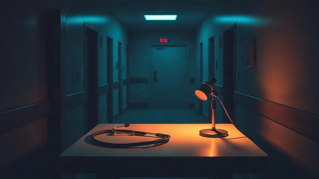 A stethoscope and a standalone microphone sit on an empty exam table in a quiet, dimly lit hospital corridor.