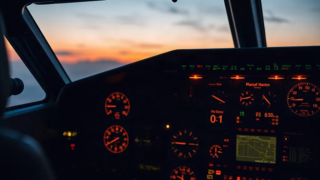 Close-up of an aircraft cockpit panel with warm backlit gauges and no legible text, symbolizing layered avionics assurance.