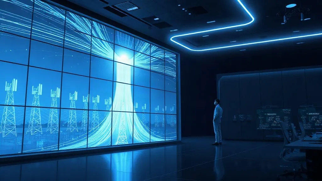 Abstract image of glowing data streams converging through a control room overlooking transmission towers at dusk