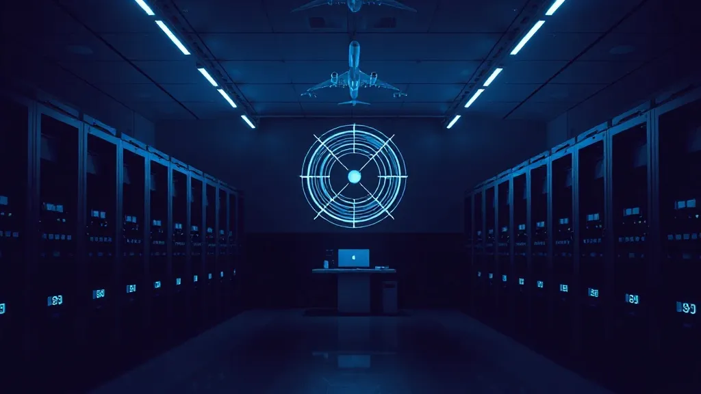 A darkened control room with server racks and a glowing radar display, symbolizing the architecture behind air traffic management systems.
