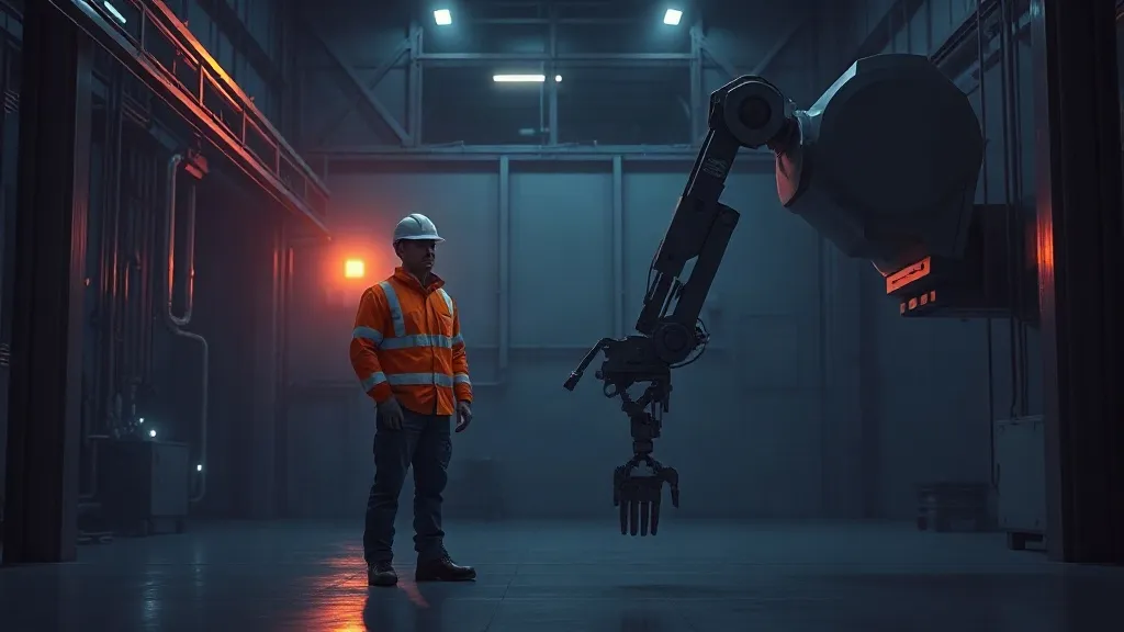 A veteran technician stands beside an idle industrial robotic arm on a dimly lit factory floor.