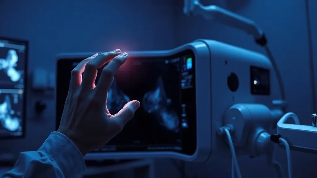 A clinician's hand hovers near a robotic ultrasound arm in a dim examination room, symbolizing the shifting boundary of human oversight in autonomous diagnostic AI.